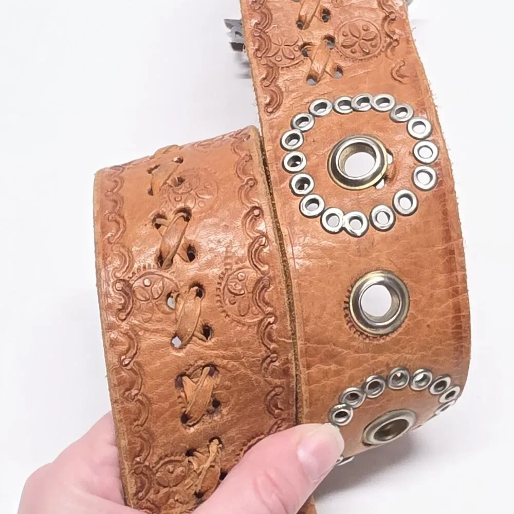 Vintage SEBASTIAN SA ELCHE Hand Tooled Cognac Brown Leather Studded Belt Spain
